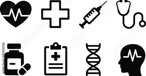 Healthcare and medical icon set, minimalist modern icons including heart monitor, syringe, stethoscope, DNA strand, brain activity, prescription bottle, and clinic symbols for healthcare branding.