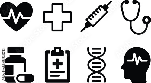 Healthcare and medical icon set, modern vector collection featuring heart monitor, syringe, stethoscope, DNA, brain activity, prescription bottle, and clinic symbols for medical design and health apps