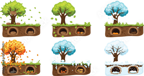 Seasonal underground animal burrow set with spring summer autumn winter landscapes, nature lifecycle flat vector illustration