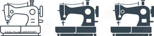 Professional sewing machine icon set featuring classic tailor equipment and stitching tools in minimalist line art and flat styles.