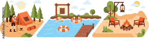 Summer camping scenes with tent lake swimming campfire chairs and outdoor adventure activities cartoon vector illustration set