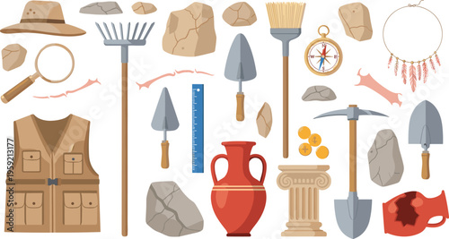 Archaeology Tools and Artifacts Vector Set with Shovels, Magnifying Glass, Compass, and Excavation Equipment for Exploration and History Projects