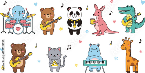 Musical Animal Band Vector Set with Guitar, Drums, Piano, and Singers for Fun, Music, and Cartoon Illustrations