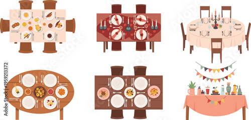 Top view dining table settings with various meals and decorations festive dinner layouts restaurant menu presentation vector illustration collection