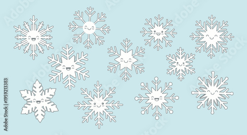 A vector graphic illustration of white snowflakes on a light blue background