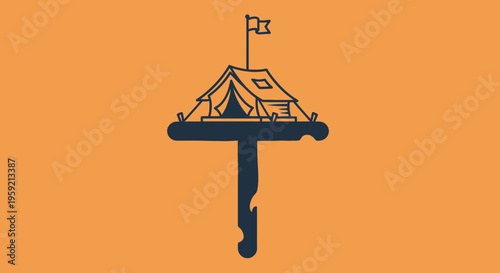 A minimalist vector graphic illustration of a tent on a giant key, symbolizing adventure and freedom.