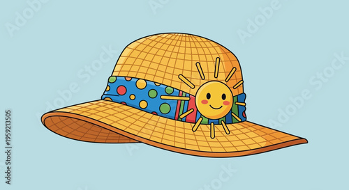 A colorful cartoon sun hat with a smiling sun design on the band