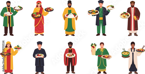Traditional world cuisine characters set with people holding national dishes, multicultural food culture flat vector illustration collection
