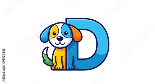 A colorful cartoon dog sitting next to a large letter D in a fun illustration
