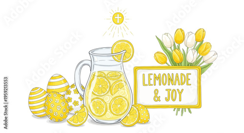 Refreshing lemonade pitcher surrounded by honey jars and lemon flowers