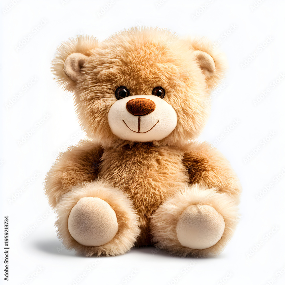 Fototapeta premium Cute fluffy light brown teddy bear sitting isolated on a white background