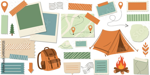 Travel scrapbook elements collection with map photos tent backpack stamps and camping adventure stickers vector illustration set