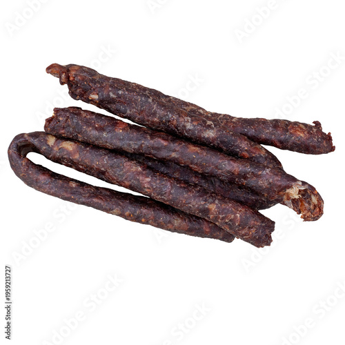 Traditional South African droewors dried sausage isolated on a transparent background. High protein cured meat snack, commonly enjoyed as a savory snack similar to beef jerky. PNG cutout for easy use 