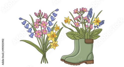 Spring blooms nestled beside a green rain boot on a sunny day