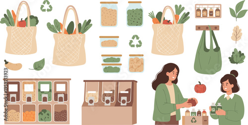 Zero waste grocery shopping set with reusable bags bulk food jars and eco lifestyle, sustainable consumption flat vector illustration