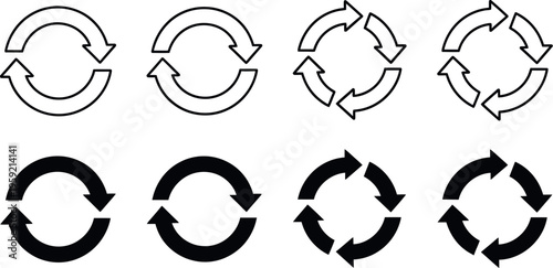 A set of eight recycling symbols with varying line styles and colors