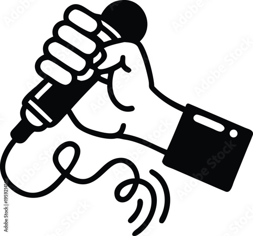 A hand firmly gripping a microphone with sound waves above