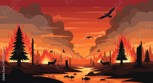 Wildfire burning forest with animals fleeing
