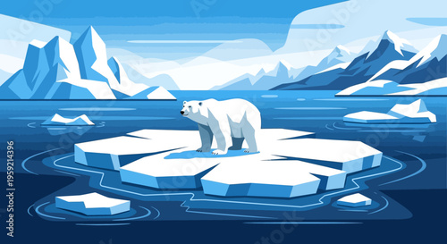 Polar bear on melting ice floe in Arctic landscape
