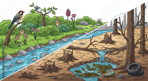 Nature pollution contrast with clean and dirty stream