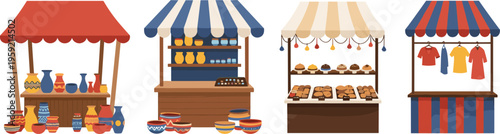 Market Stall Vector Set with Decorative Goods, Food, and Clothing Stalls for Retail, Shopping, and Vendor Design Projects