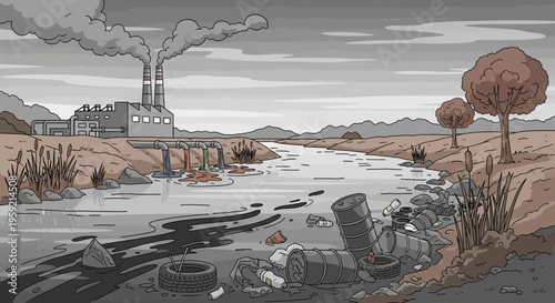 Polluted river with industrial waste and smokestacks