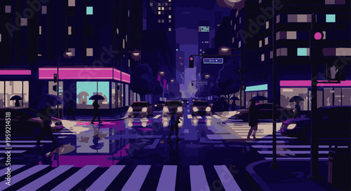 Busy night street scene with people crossing a zebra strip under purple and pink neon lights city