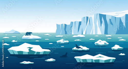 Polar landscape with icebergs and animals