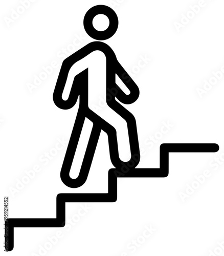 Minimalist line icon of a person walking up stairs symbolizing progress and movement