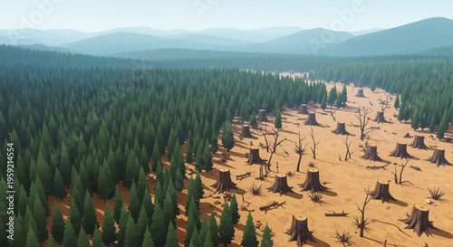 Deforestation scene with tree stumps and forest