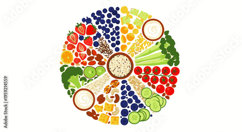Colorful circular food wheel with fruits vegetables grains and dairy circular fruits