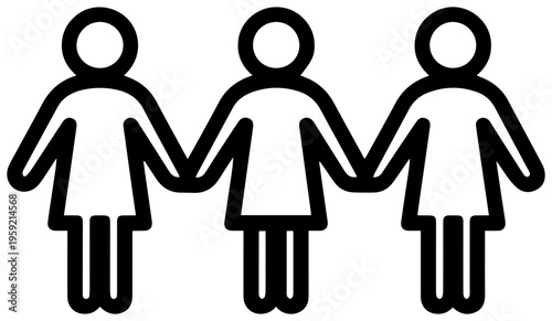 Three connected people holding hands in a line minimalistic black line icon on white background symbolizing unity and teamwork