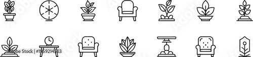 A collection of 12 simple line drawings of various potted plants and planters