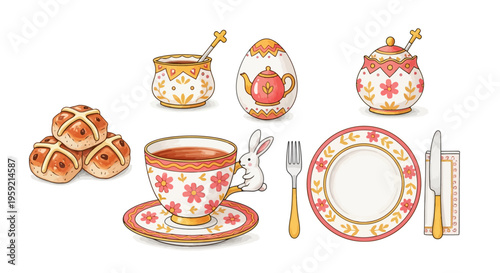 A charming tea time setup with traditional floral patterns and pastries
