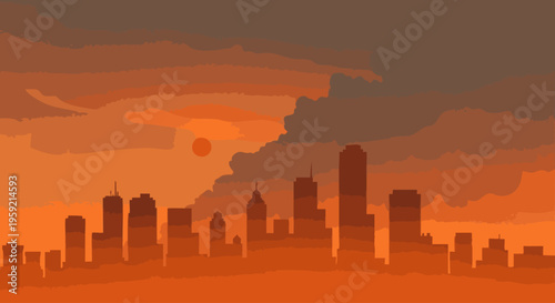 Silhouette of a city skyline at sunset with orange and brown tones orange sky