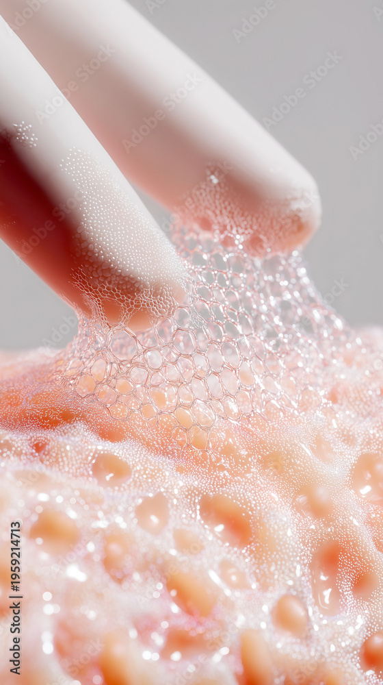 Fototapeta premium Scientist lifting transparent artificial skin mesh scaffold showing hexagonal cellular network structure, developed for medical prosthetics transplantation and human tissue regeneration research.