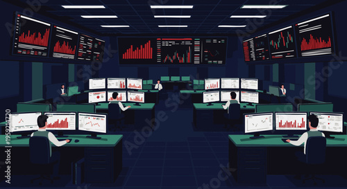 Busy control room with multiple analysts working at computers with large data screens technology