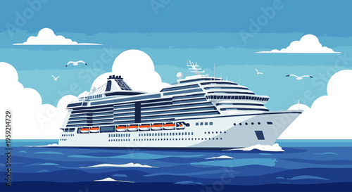 Large white cruise ship sailing on calm blue sea with fluffy white clouds ocean