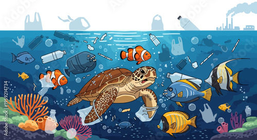 Ocean pollution with plastic waste and sea creatures