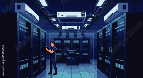 Man standing with arms crossed in a blue-lit data center filled with server racks technology blue lighting