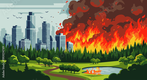 Cityscape with large forest fire spreading smoke and flames near a river and buildings