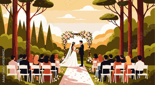 Outdoor wedding ceremony in a forest setting with bride and groom exchanging vows