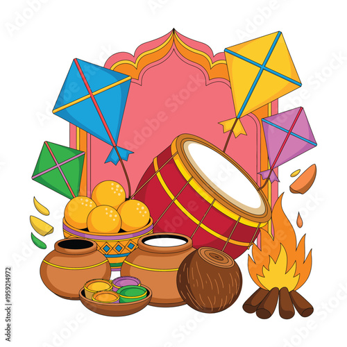 A vibrant illustration of traditional Indian festival items and kites