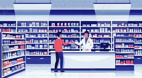 Man in red shirt talking to pharmacist in white coat at pharmacy counter with shelves full of medication