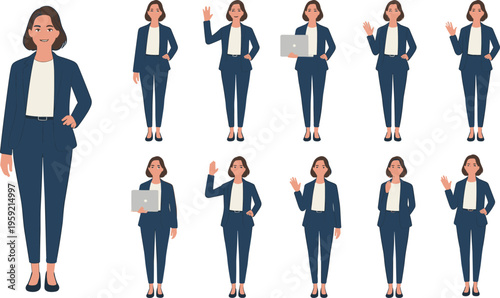 Professional businesswoman character set in navy suit showing different poses including waving, holding laptop, presenting and communicating, corporate female employee vector illustration isolated