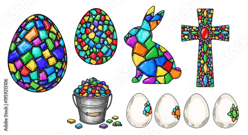 Colorful easter basket and eggs with decorative items and candy
