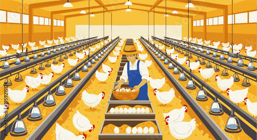 Interior of a large poultry farm with white chickens and central feeding area farm interior