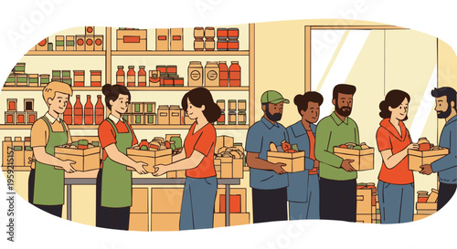 Group of people volunteering at a food pantry sorting and distributing boxes of food volunteers donations