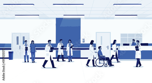 Busy hospital waiting area with patients staff and reception desk in blue tones