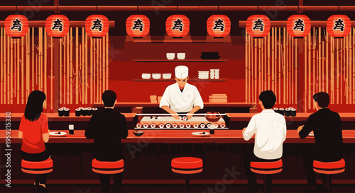 Sushi chef serving customers in traditional japanese restaurant with red lanterns